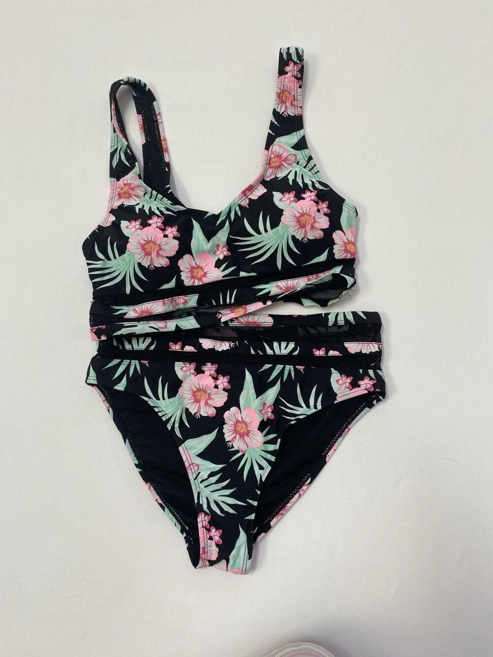 Cabana Del Sol Bikini Set Small Black Floral Tropical Mesh Trim High Waist